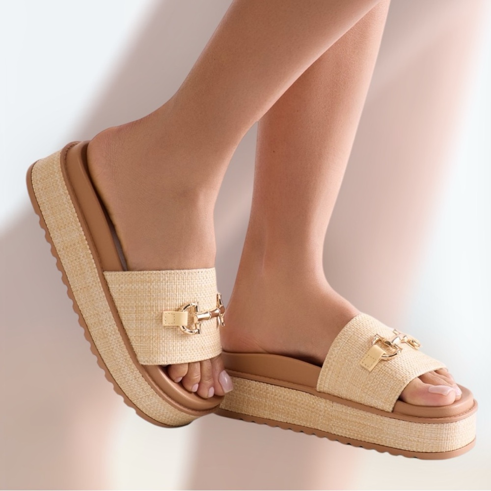 Tan Raffia Gold Hardware Platform Sandals